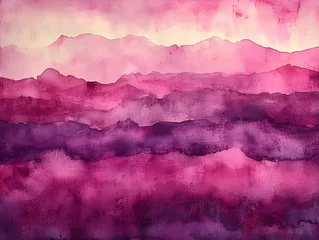 Fototapeten A serene watercolor landscape featuring soft hues of pink and purple, creating a tranquil atmosphere with layered mountain silhouettes in the background. © AIGC JOE