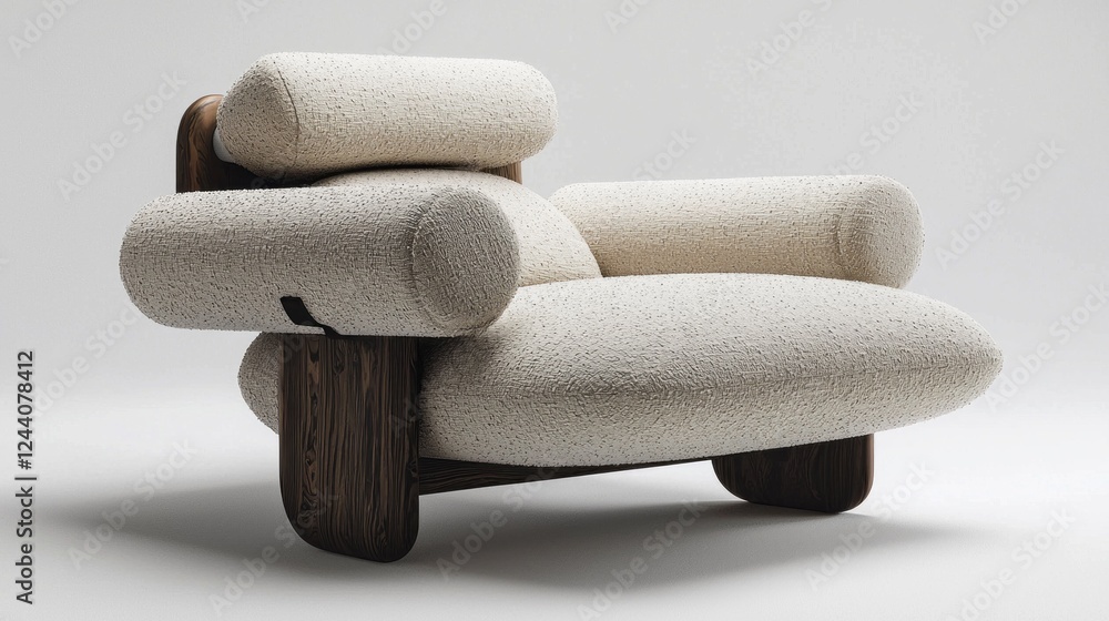 Poster a striking lounge chair showcases a blend of soft fabric and bold wooden accents, inviting relaxatio