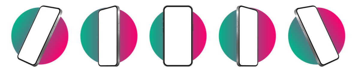 Mockup of a phone screen. Social media promotion. Advertising on a smartphone display. Device front view. 3D mobile phone. Cell phone. Teal green and crimson pink gradient bubble