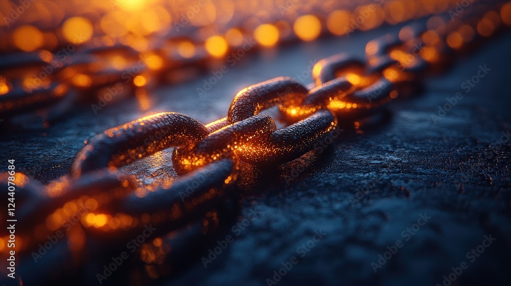 Aufkleber close-up of a glowing metal chain on a textured surface with warm bokeh lights in the background