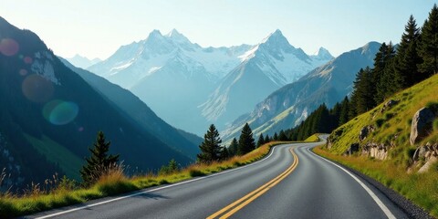 Naklejka premium Asphalt ribbon unwinding through a majestic mountain range, sunlight illuminating snow-capped peaks and verdant slopes, a scenic drive offering breathtaking views