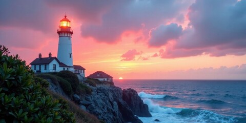 Naklejka premium Serene coastal sunset scene featuring a majestic lighthouse standing tall on dramatic cliffs, overlooking a vast ocean with crashing waves, bathed in the warm glow of a vibrant, colorful sky.