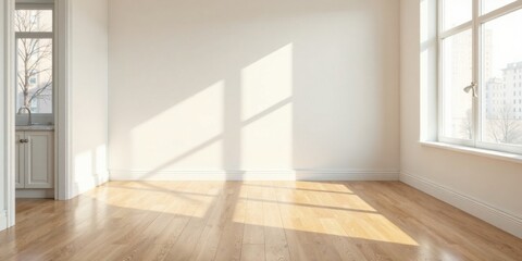 Sunlit Empty Room with Hardwood Floor and White Walls Ready for Interior Design