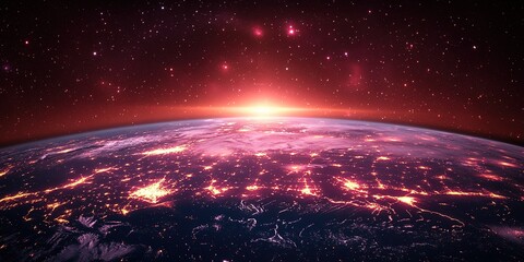 Obraz premium View of Earth from space showcasing bright lights and stars over a darkened landscape at twilight