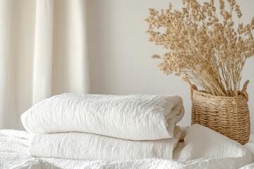 A simple bedroom scene with a bed, white sheets, and a vase of dried flowers