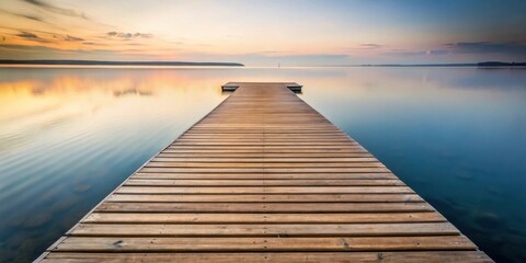 Fototapeta premium Serene Sunset View from a Wooden Dock Extending into Calm Water