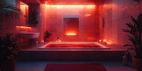 Relaxing red lit bathroom with a luxurious bathtub surrounded by plants and candles in a modern design