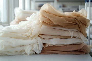 Stacks of fabric on white table in neutral lighted room. Neural network AI generated