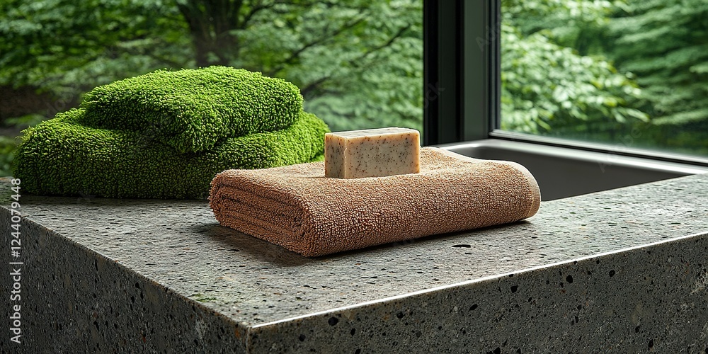 Poster relaxing bathroom setting featuring soft towels and natural soap by a large window with lush greener