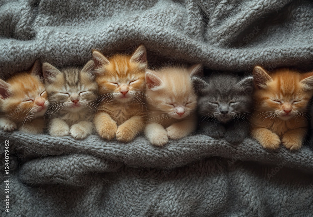 Poster adorable sleepy kittens relaxing together on soft blanket with peaceful expressions and cozy surroun