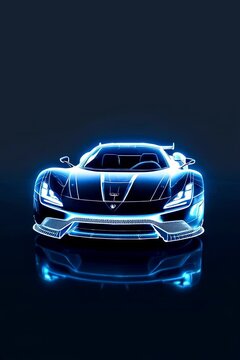 Futuristic sports car with glowing blue neon reflections on black background. Sleek hypercar design concept with dramatic lighting and mirror effect. Modern automotive art
