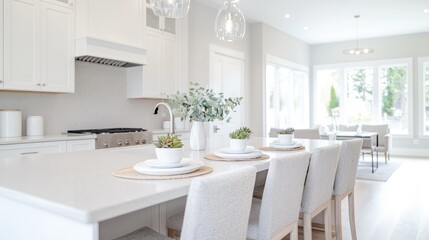 Bright kitchen island, dining area, natural light