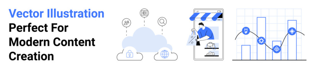 Cloud with connectivity icons, storefront app on mobile, bar and line graphs representing analytics. Ideal for tech, business, e-commerce, data science, cloud solutions, growth tracking flat landing