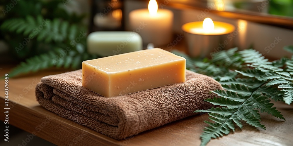 Poster natural handmade soap placed on a folded towel surrounded by candles and ferns in a serene setting