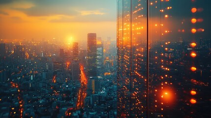 Fototapeta premium A stunning sunset view over a city skyline, reflecting vibrant colors on glass buildings.
