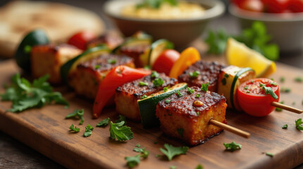 Freshly grilled vegetable skewers are arranged on a rustic wooden board, garnished with herbs. Bowls of sides like rice and tomatoes complement the delicious meal