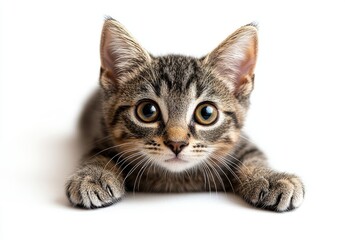 Obraz premium Adorable striped kitten with large expressive eyes lying on a white surface with paws stretched forward, looking curiously at the camera and captivating viewers