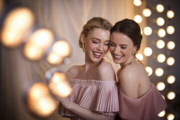 Two happy bridesmaids in pink dresses embrace, sparkling lights in background.
