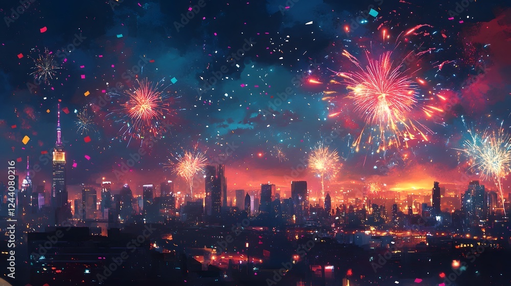Aufkleber Vibrant multicolored fireworks exploding over a modern illuminated cityscape at night creating a breathtaking and scene of and revelry  The bright