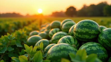 Golden Hour Harvest Ripe Watermelons Resting in a Lush Field at Sunset © Sumrit