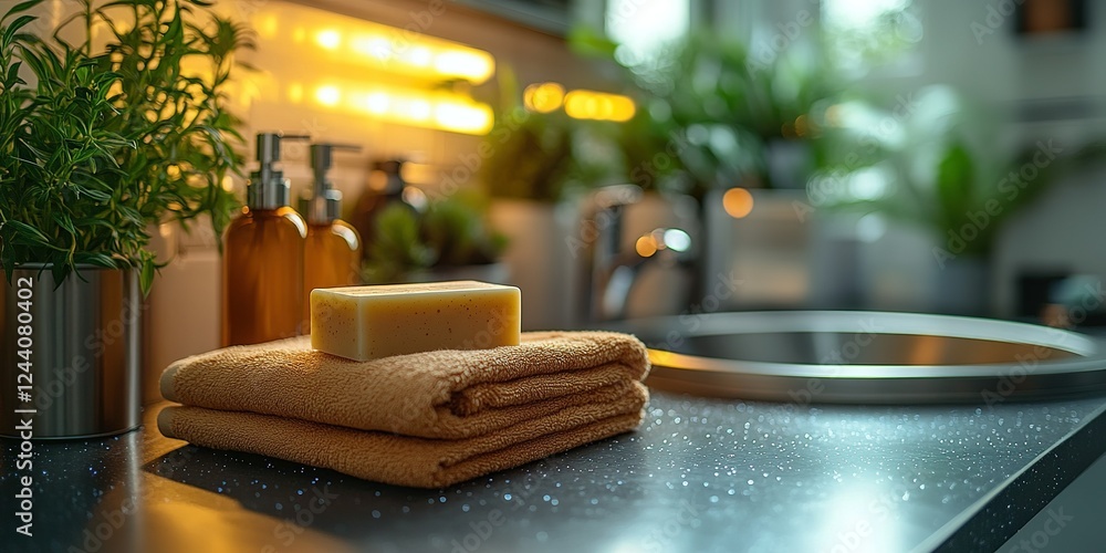 Poster relaxing spa setup featuring soft towels and natural soap on a countertop with ambient lighting