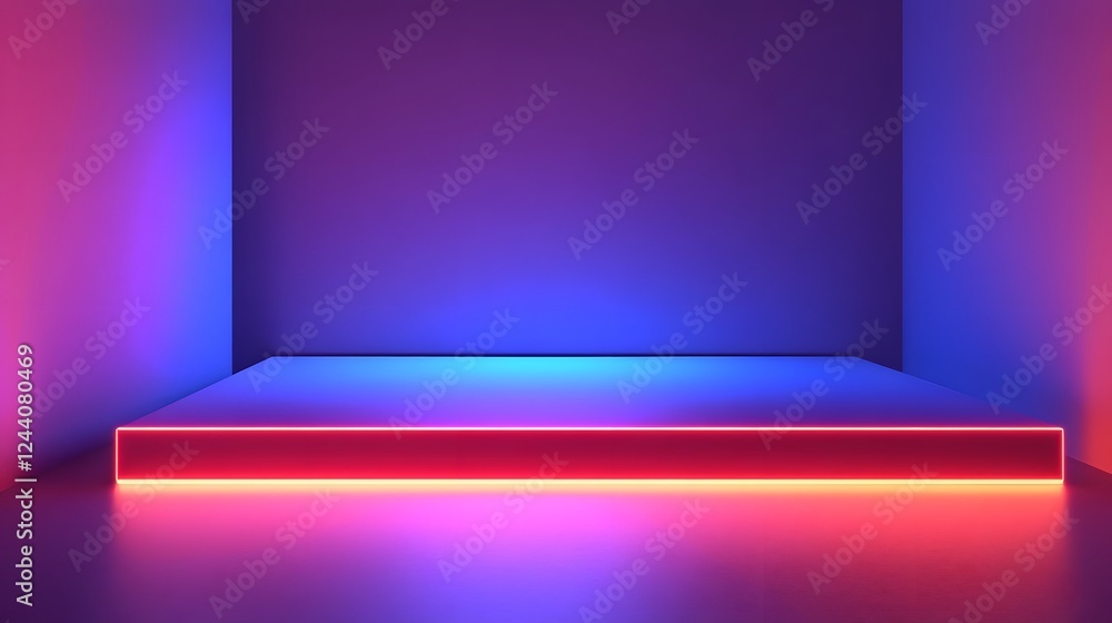 Poster Vibrant neon lights in a minimalist 3D rendered studio backdrop creating a futuristic and atmospheric setting with a clean modern aesthetic