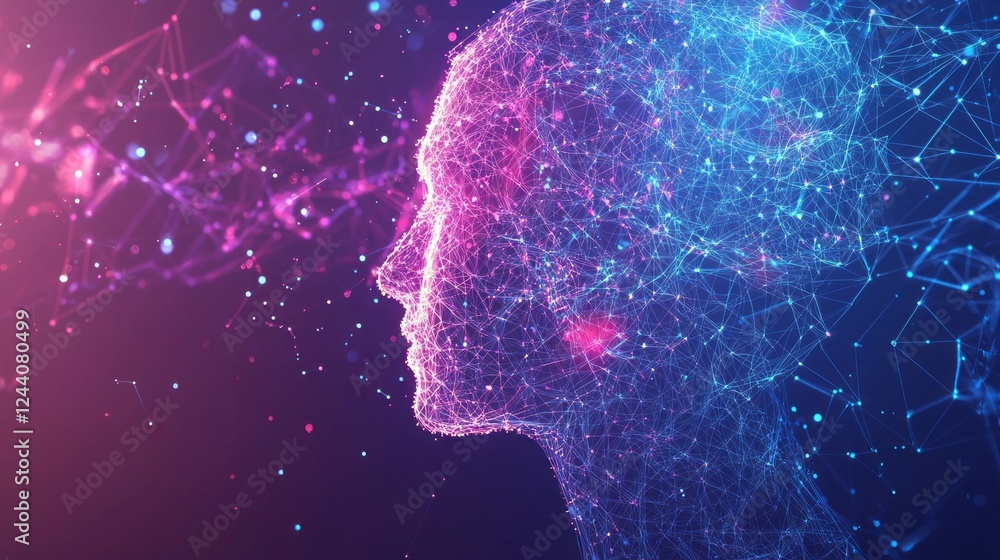 Poster A captivating portrayal of a human profile composed of vibrant data points and flowing lines