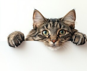 Obraz premium Adorable Tabby Cat Peeking Over Edge with Bright, Expressive Eyes and Playful Curiosity, Perfect for Animal Lovers and Pet Enthusiasts