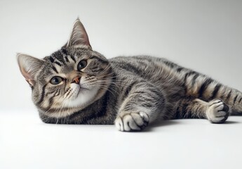 Obraz premium Adorable tabby cat resting on a soft surface with a relaxed expression, showcasing its beautiful fur and calm demeanor in a light-filled environment