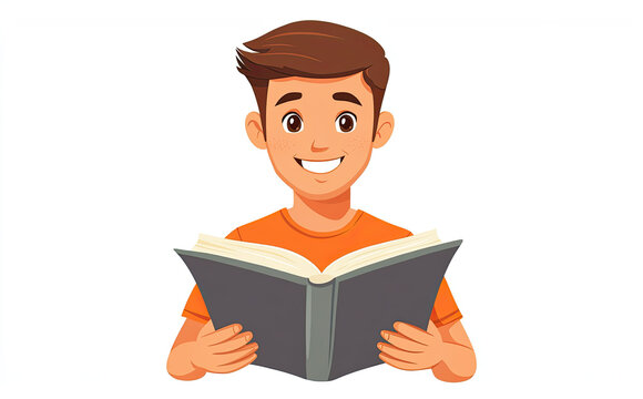 A young man reading a book. Happy smiling young male student, reader holding open textbook, studying literature, learning. Education, knowledge concept. Flat vector