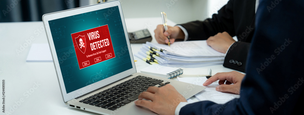 Poster virus warning alert on computer screen detected brisk cyber threat , hacker, computer virus and malw