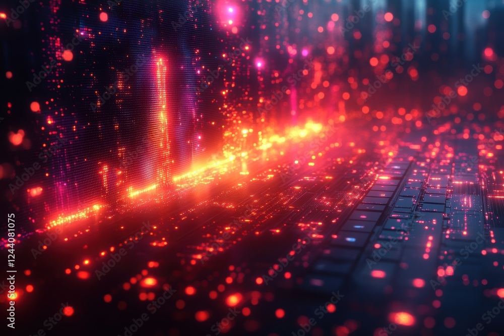 Poster abstract digital landscape with glowing particles over a keyboard.