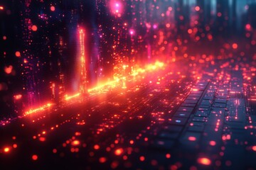 Fototapeta premium Abstract digital landscape with glowing particles over a keyboard.