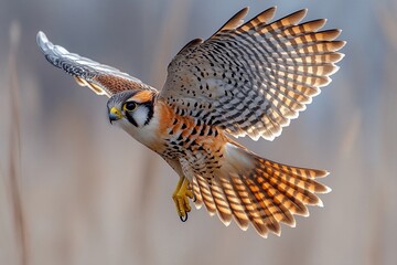 Fototapeta premium American kestrel bird flying in mid-air with wings flapping against a blue sky background