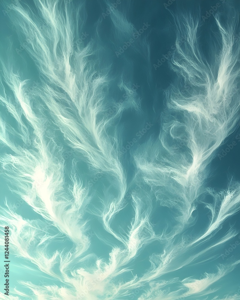 Poster a mesmerizing view of wispy, ethereal clouds swirling against a soft turquoise sky, creating a tranq