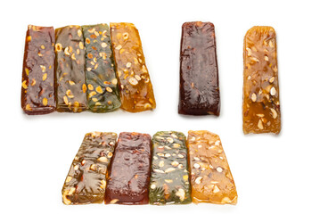 Turkish traditional delight with nuts isolated on white background.