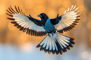 Black-billed magpie in flight with wings spread wide against a blue sky background