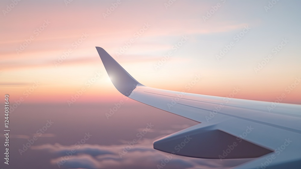 Poster dynamic close-up of airplane winglet illuminated by sunlight with clouds softly blurred in backgroun