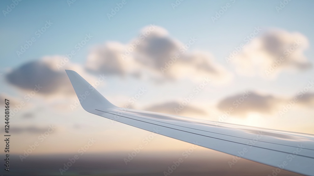 Poster dynamic close-up of airplane winglet illuminated by sunlight with clouds softly blurred in backgroun