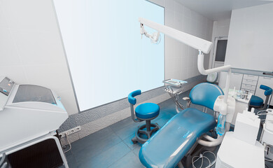 Modern Dental Clinic with Blue Stomatology Chair and Equipment. Professional Dentist Office, Sterile Medical Interior for Oral Care and Treatment. Interior of new modern dental office
