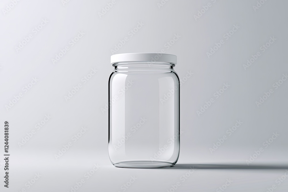 Poster dynamic mockup of transparent glass jar with white lid centered on bright white background with soft