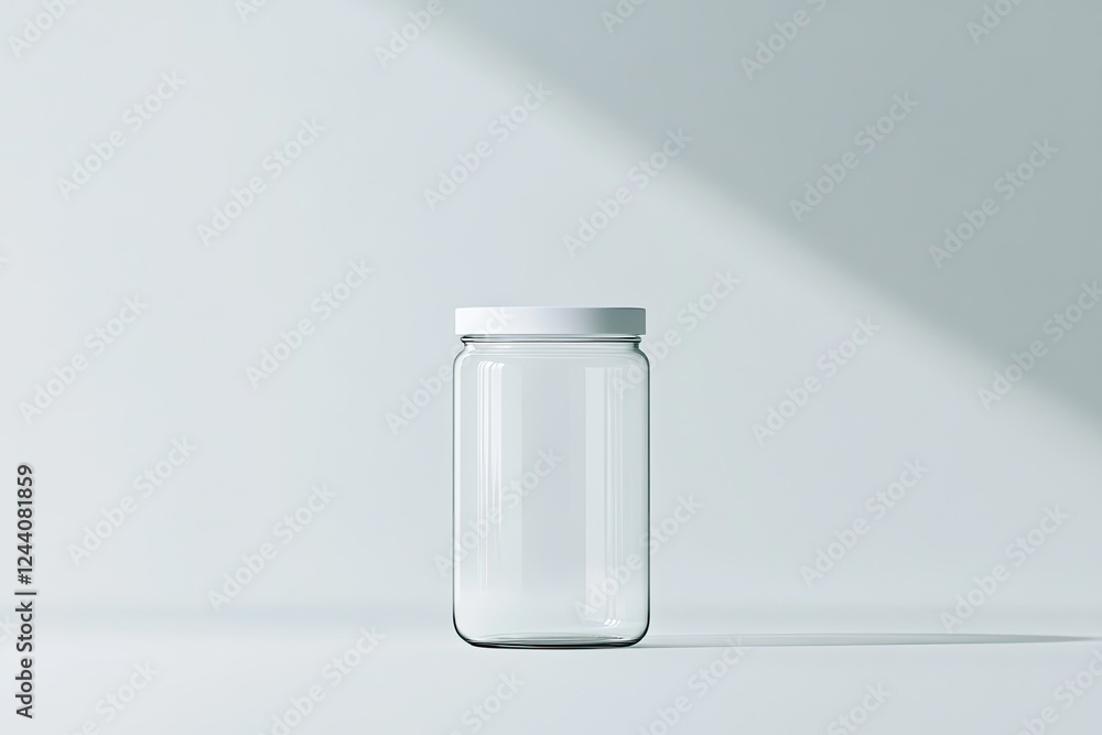 Poster dynamic mockup of transparent glass jar with white lid centered on bright white background with soft