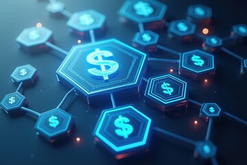 Intricate Digital Currency Network Visualizing Financial Connections with Blue Geometric Nodes and Dollar Icons Representing Cryptocurrency and Blockchain Technology