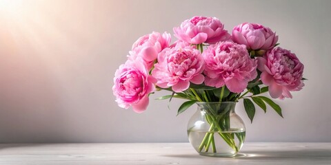 Fototapeta premium A delicate bouquet of pink peonies in a clear glass vase sits on a white wooden surface, bathed in soft sunlight.