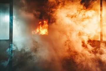 Room filled with thick smoke and flickering flames from a nearby fire creating an intense atmosphere. Generative AI