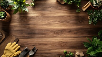 Obraz premium Gardening Tools and Flowers on Wooden Table