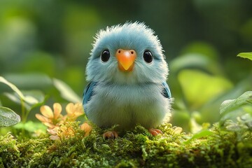 Small bird perched on mossy ground with curious parrotlet observing in natural setting