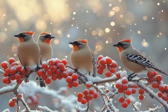 Three bohemian waxwings perched on a snow-covered tree branch with red berries