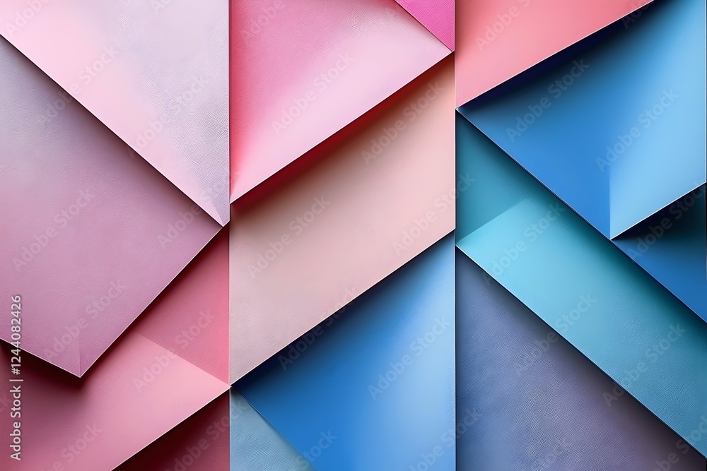 Poster an artistic arrangement of geometric shapes in soft hues of pink and blue, creating a visually strik