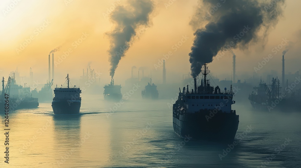Poster busy harbor with ships emitting large amounts of pollutants, contributing to pm 2.5 levels in the at